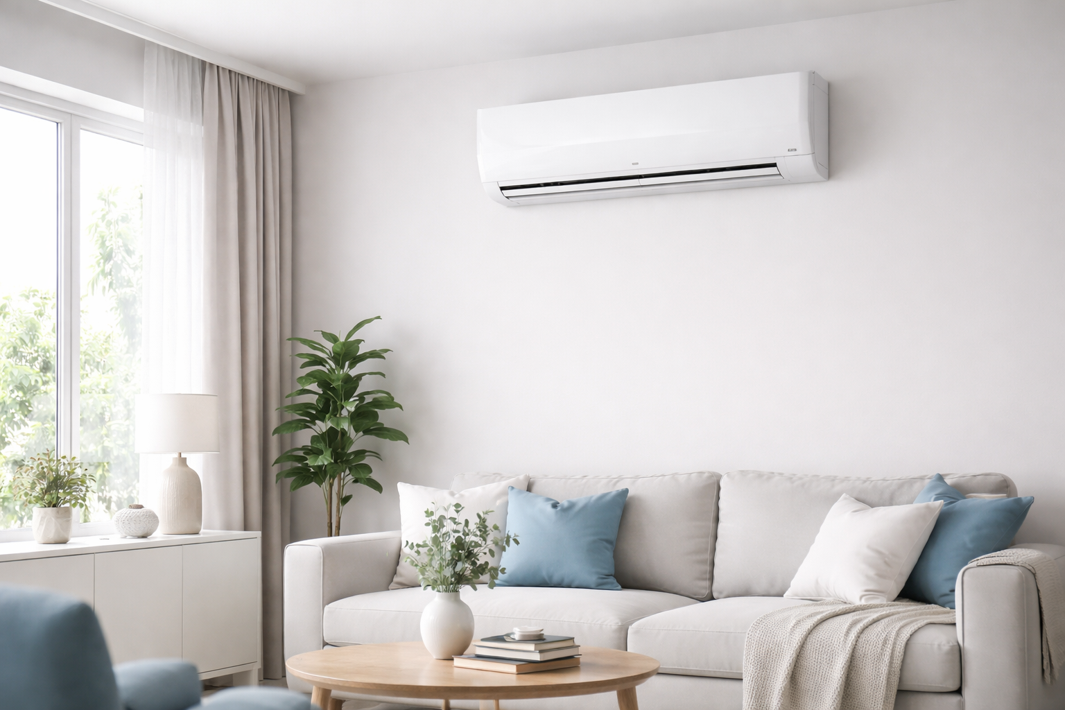 Ar-condicionado portátil branco em ambiente residencial, representando modelos de voltagem 110v disponíveis na WebContinental.