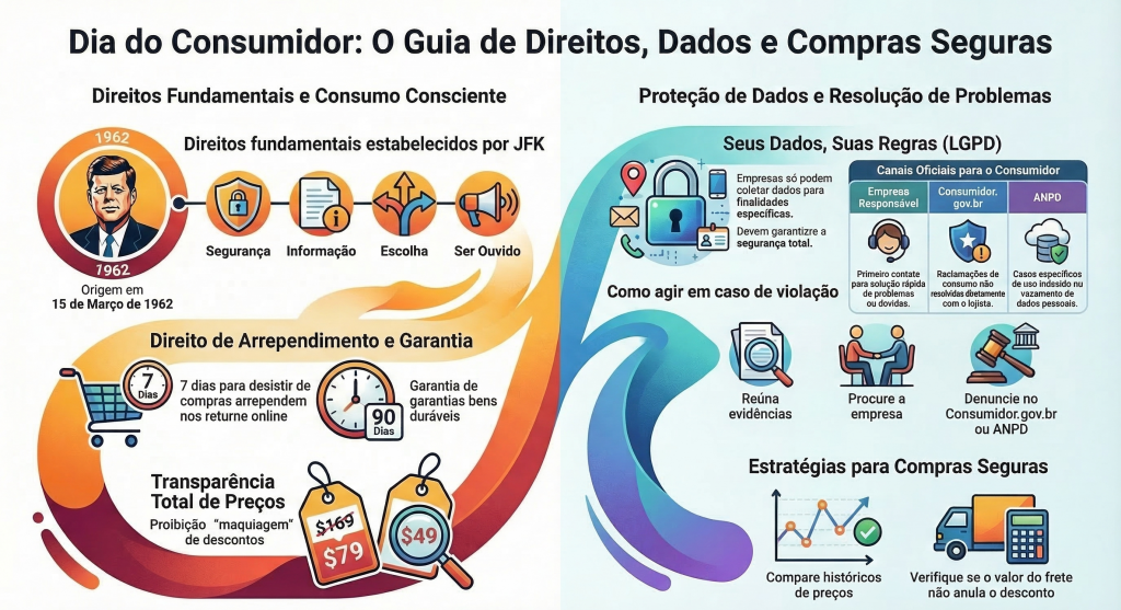 Dia do Consumidor Webcontinental, infográfico mostra um resumo dos direitos, dados principais de compras e segurança para uma compra segura.