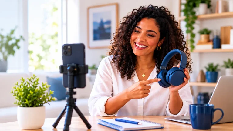 Criadora de conteúdo apresentando produto em vídeo para o Programa de Afiliados Webcontinental